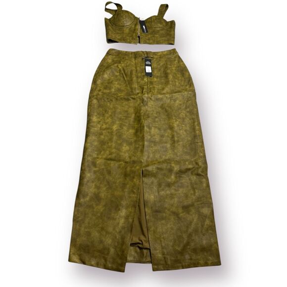 Fashion Nova Carry It Well Washed Faux Leather Olive Set Maxi Skirt S and Top M - Picture 1 of 10